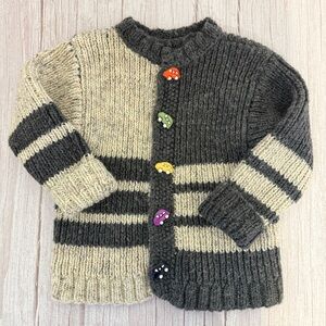 Hand Knit Little Boy's or Girl's Grey & Oatmeal Cars Button Up Cardigan Sweater